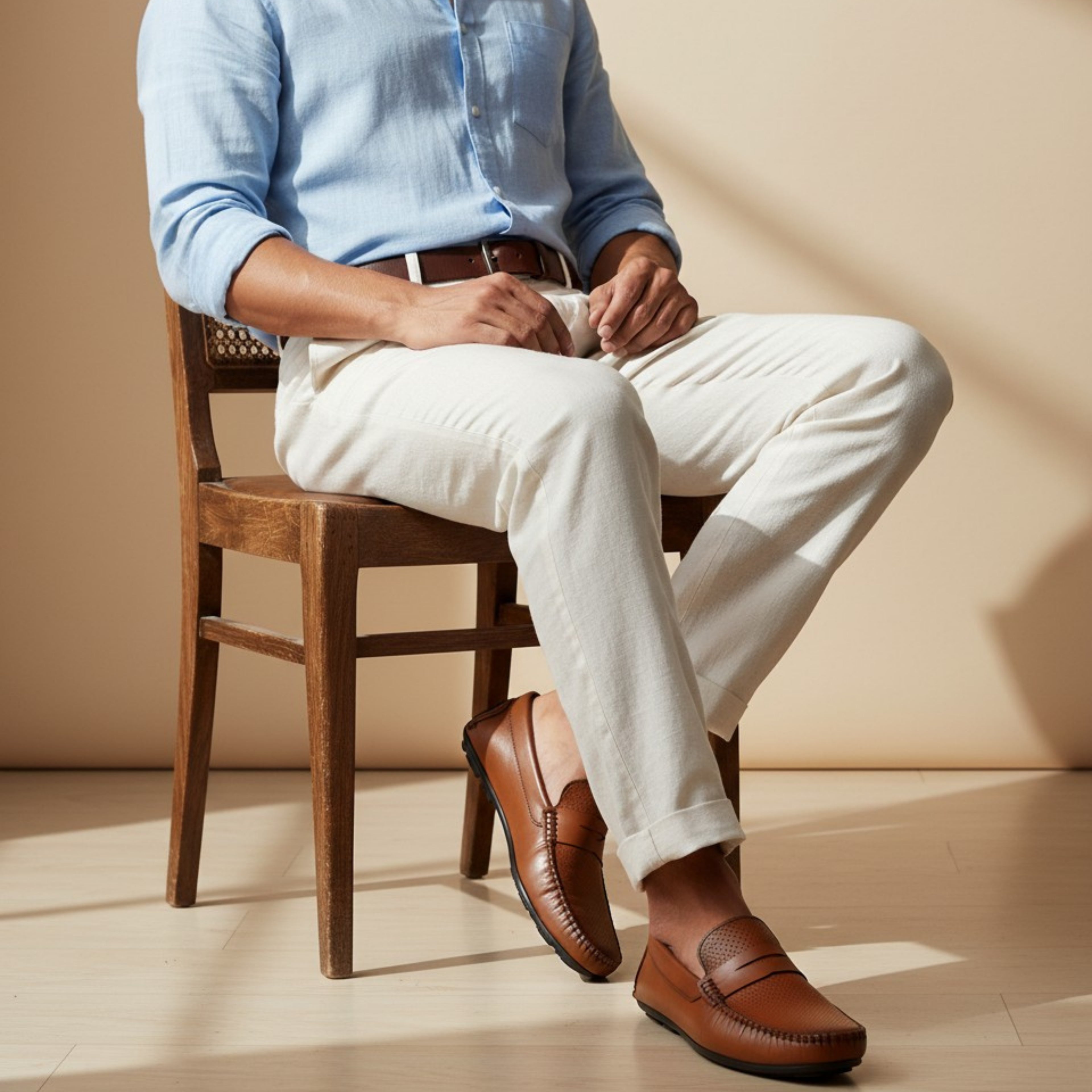 VELVORY Elegant Tan Textured Men's Genuine Leather Loafers