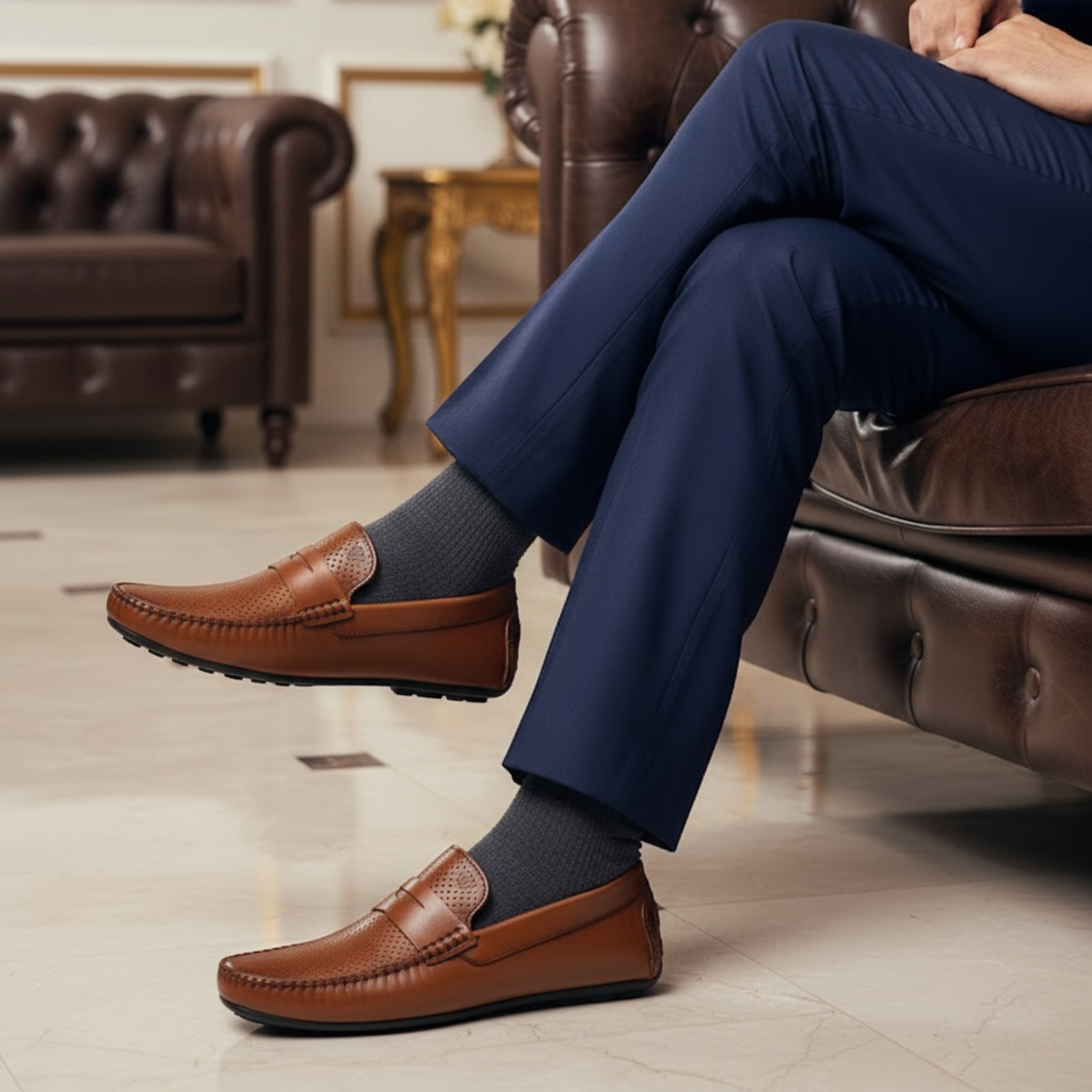 VELVORY Elegant Tan Textured Men's Genuine Leather Loafers