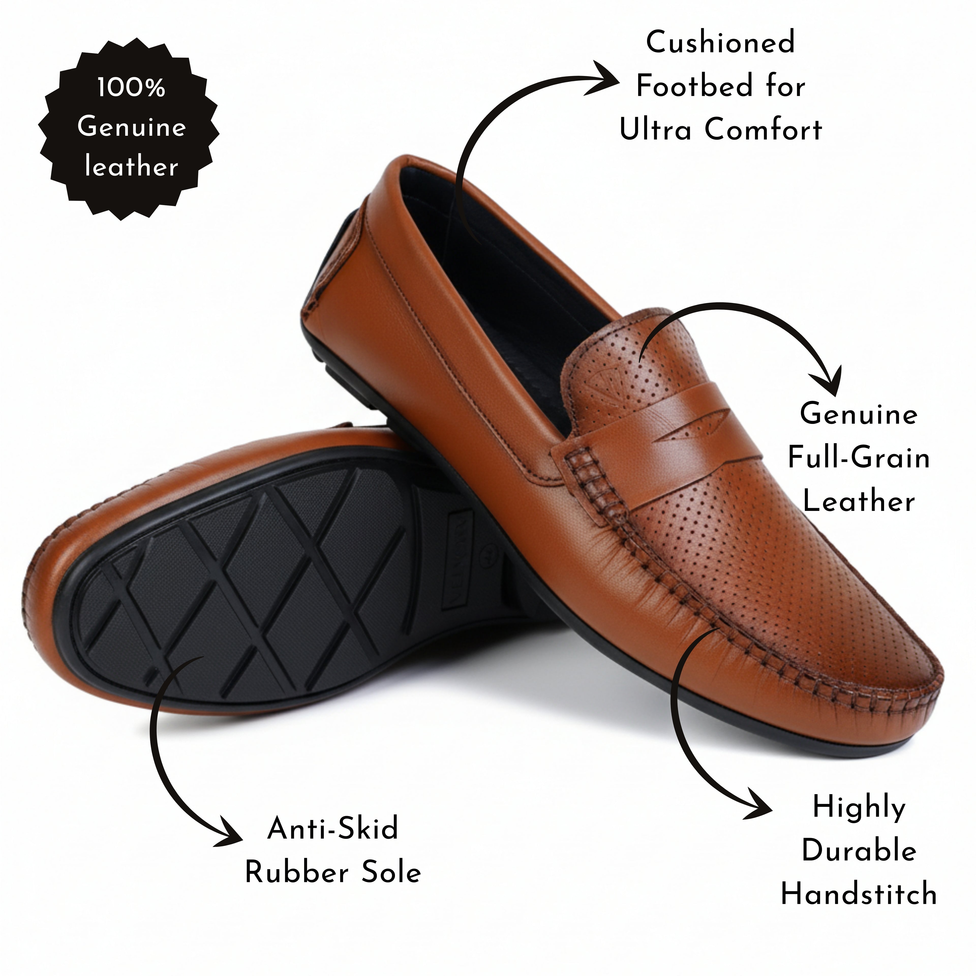 VELVORY Elegant Tan Textured Men's Genuine Leather Loafers