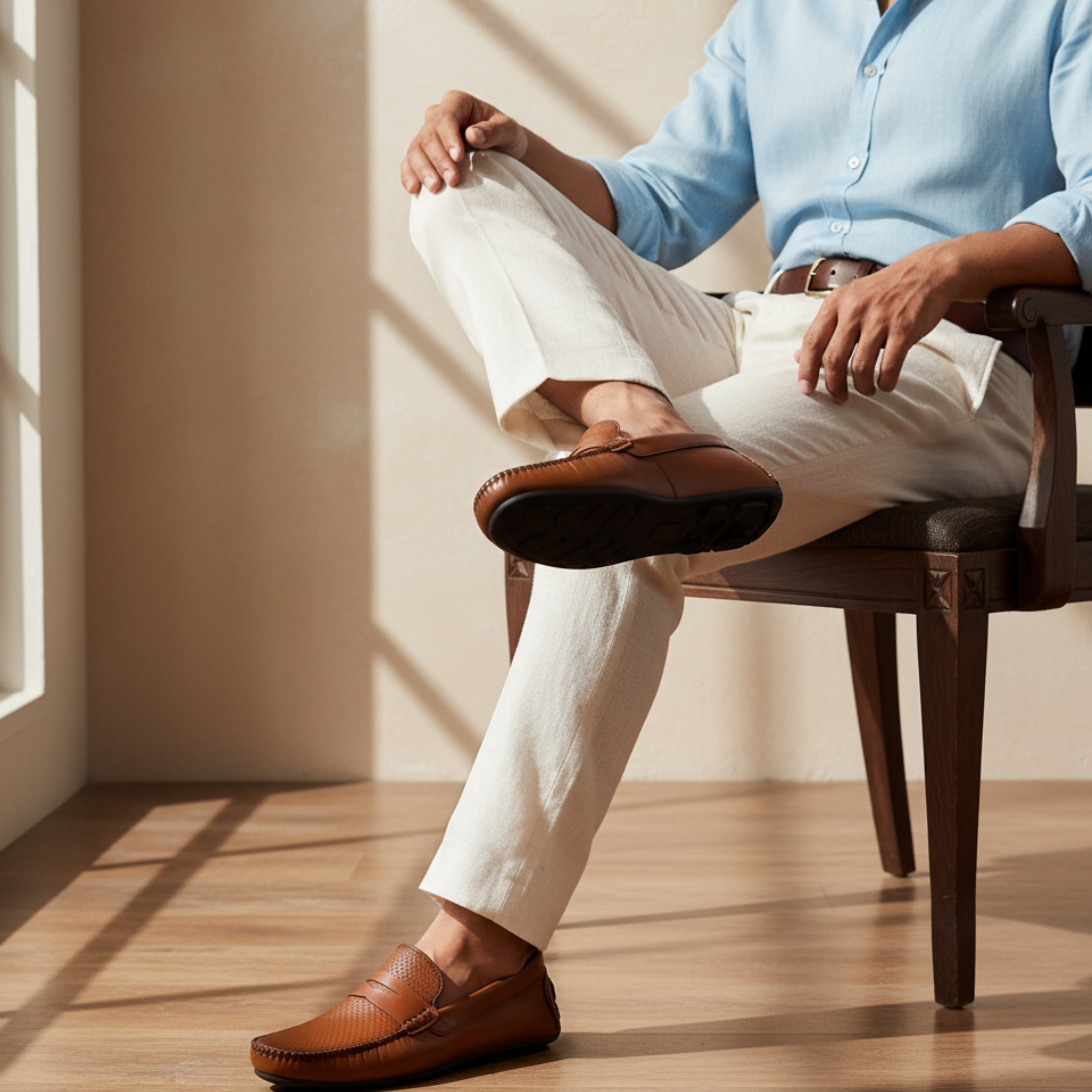 VELVORY Elegant Tan Textured Men's Genuine Leather Loafers