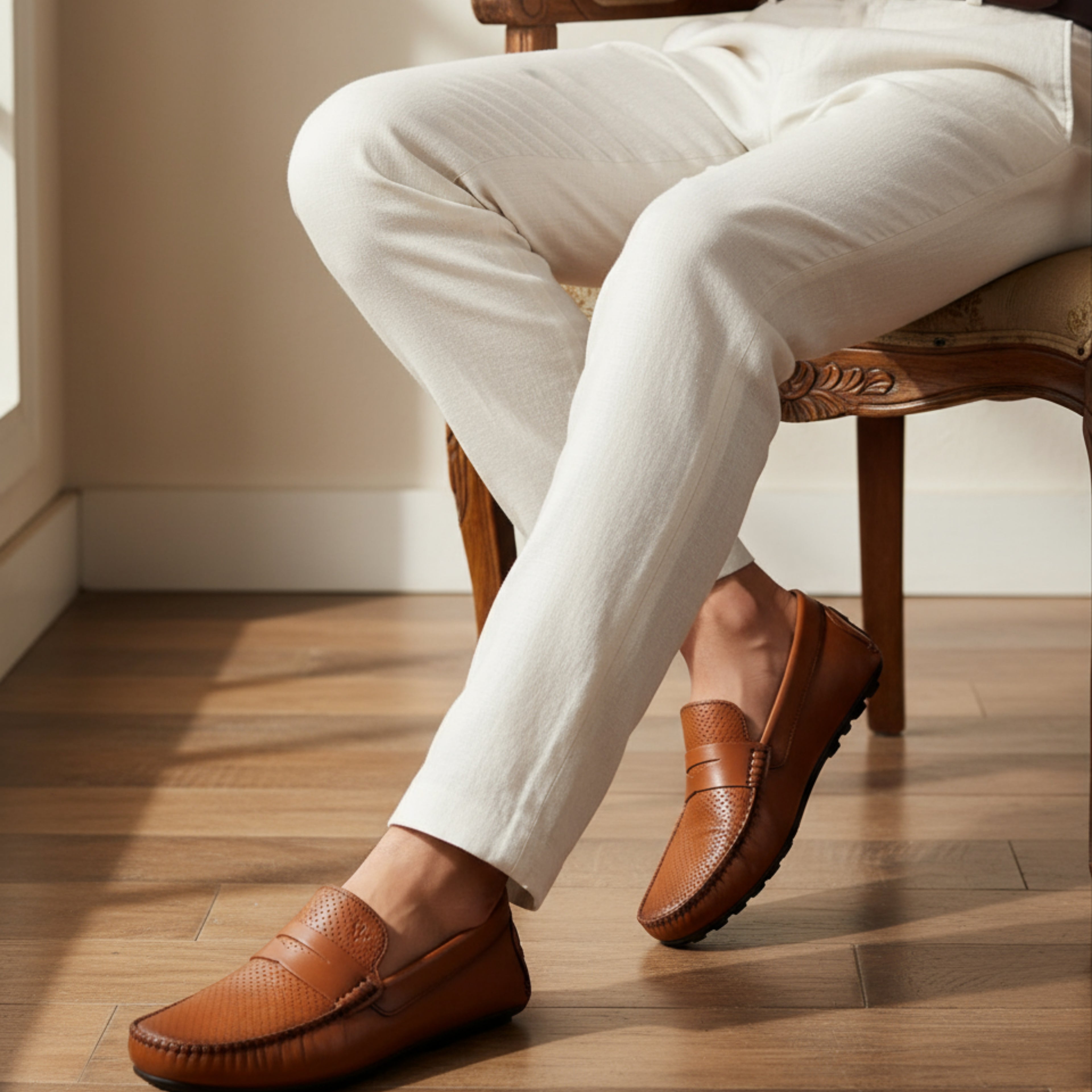 VELVORY Elegant Tan Textured Men's Genuine Leather Loafers