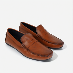 VELVORY Elegant Tan Textured Men's Genuine Leather Loafers