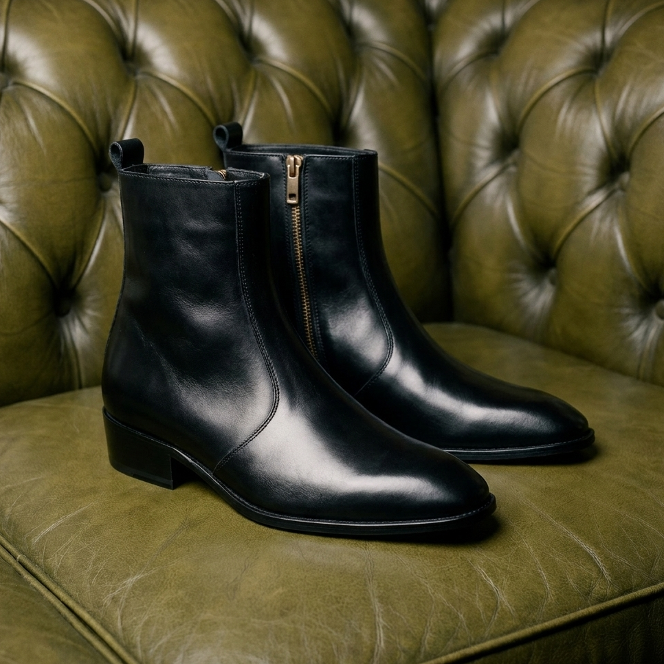 Mawson full grain leather zip boot for men with leather sole, handcrafted in Tirupathur