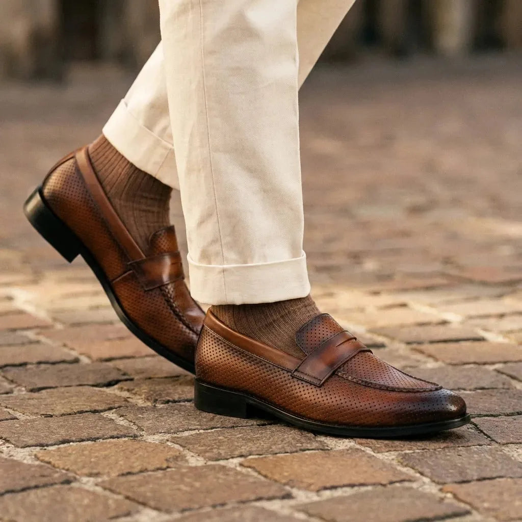 Man wearing Vivaldi: Dotted Slip-On slip-on by VELVORY – leather men's shoes India