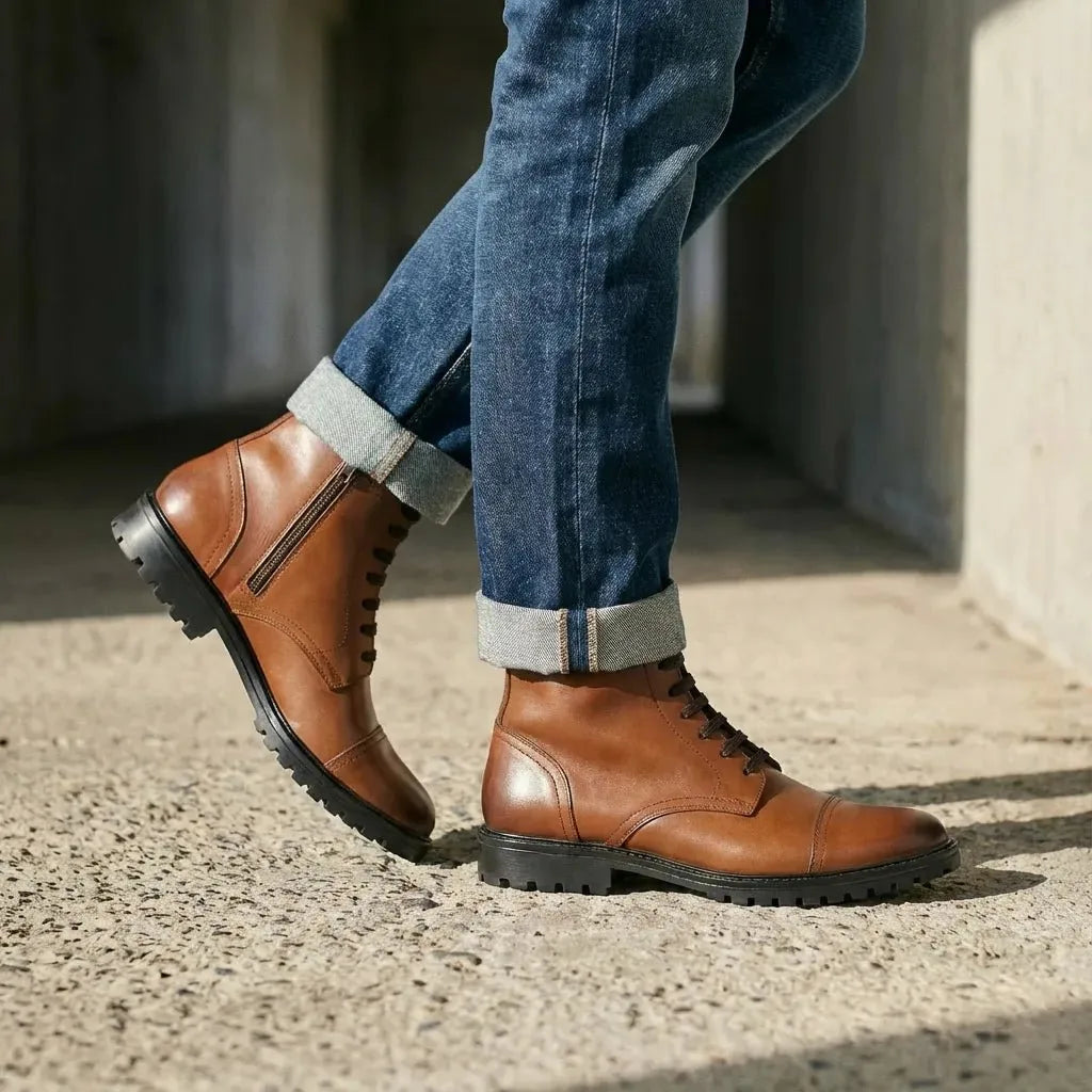 Man wearing Magellan: High Ankle Boot boot by VELVORY – leather men's shoes India