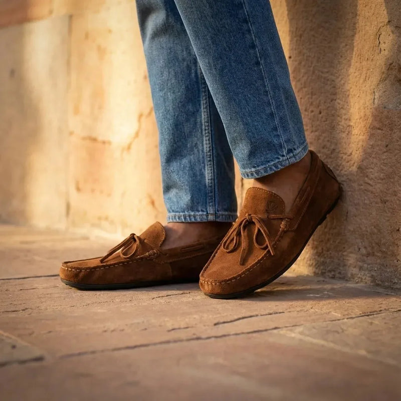 Man wearing Ravello: Boat Loafer loafer by VELVORY – leather men's shoes India
