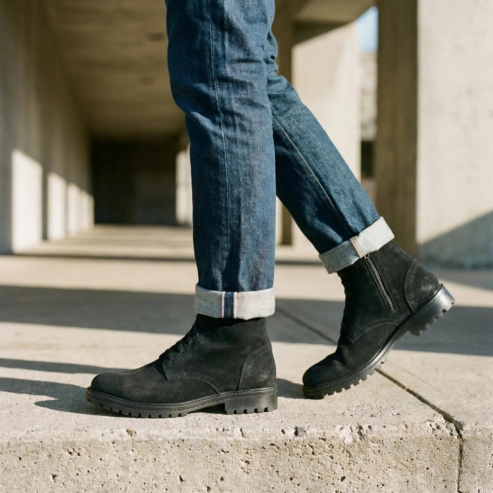 Man wearing Shackleton: Zip Boot boot by VELVORY – leather men's shoes India