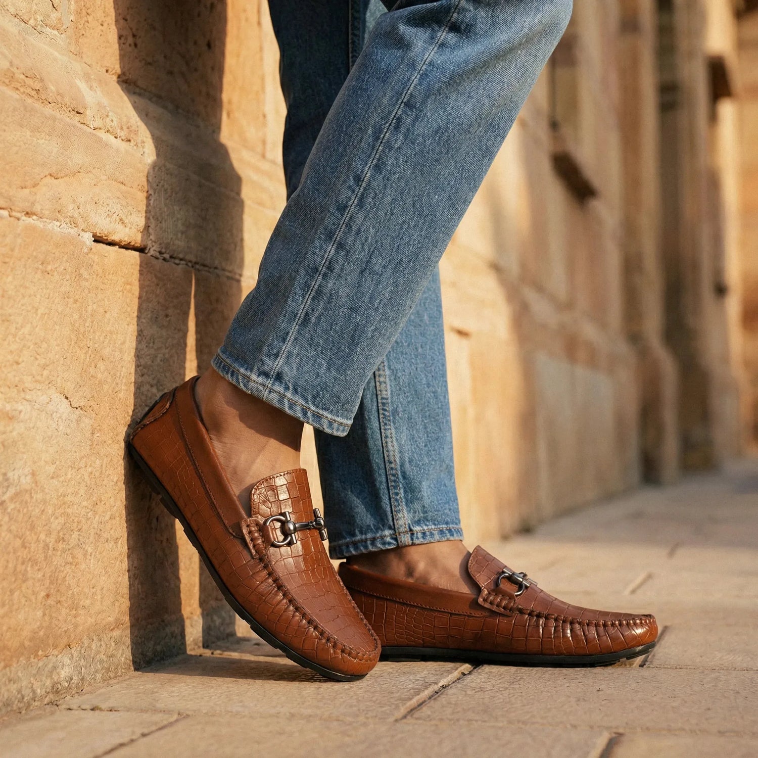 Man wearing Amalfi: Croco Loafer loafer by VELVORY – leather men's shoes India