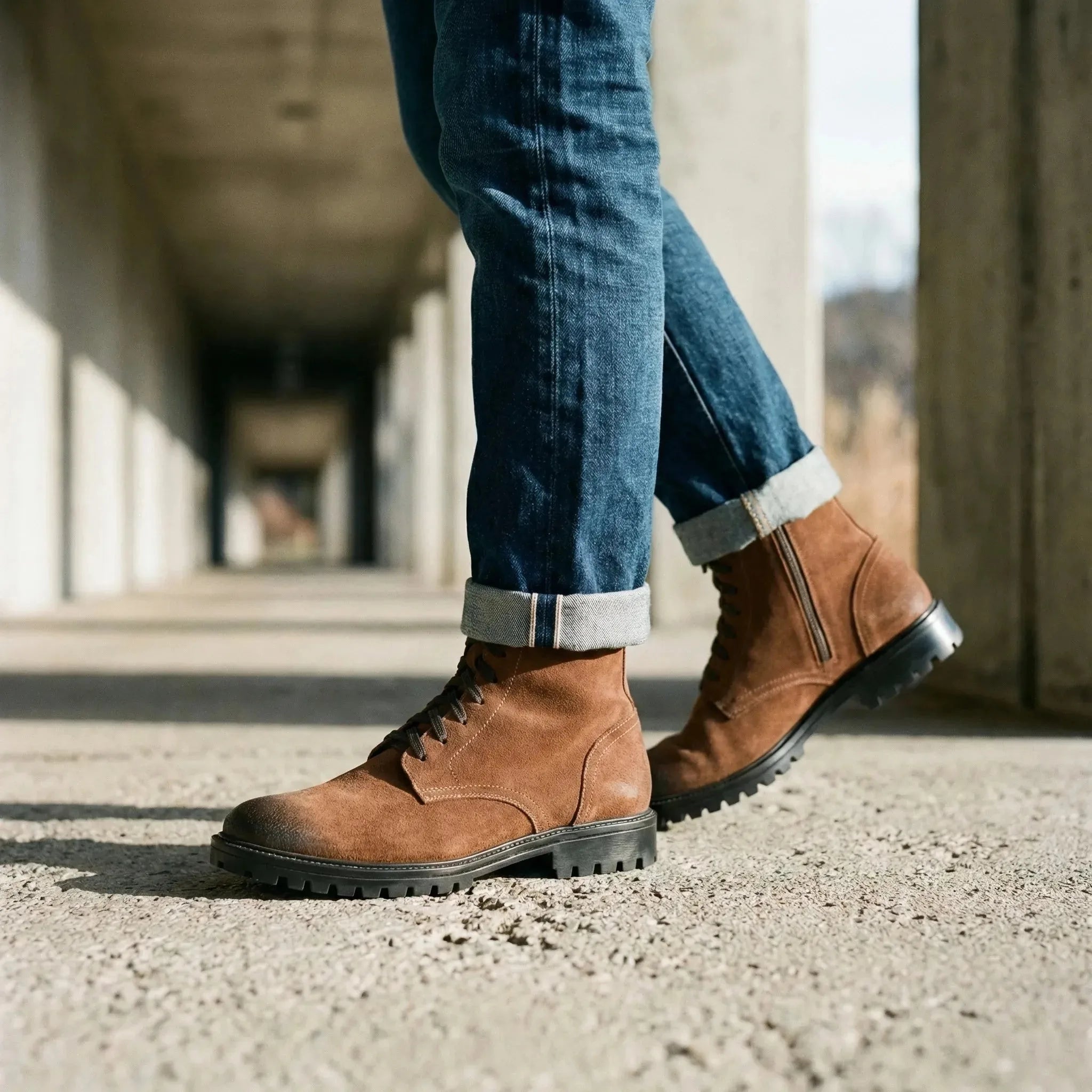 Man wearing Shackleton: Zip Boot boot by VELVORY – leather men's shoes India